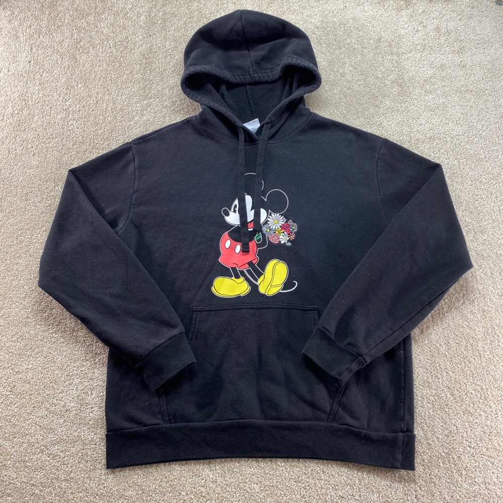 Disney Mickey Mouse Sweatshirt Womens XL‎ Black Hoodie Graphic Print Flowers